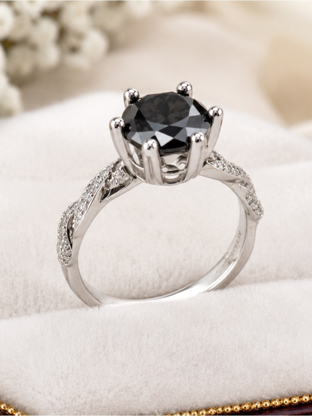 New 2CT (8.0mm) Black Moissanite 6 Prong Solitaire - Size adjustable